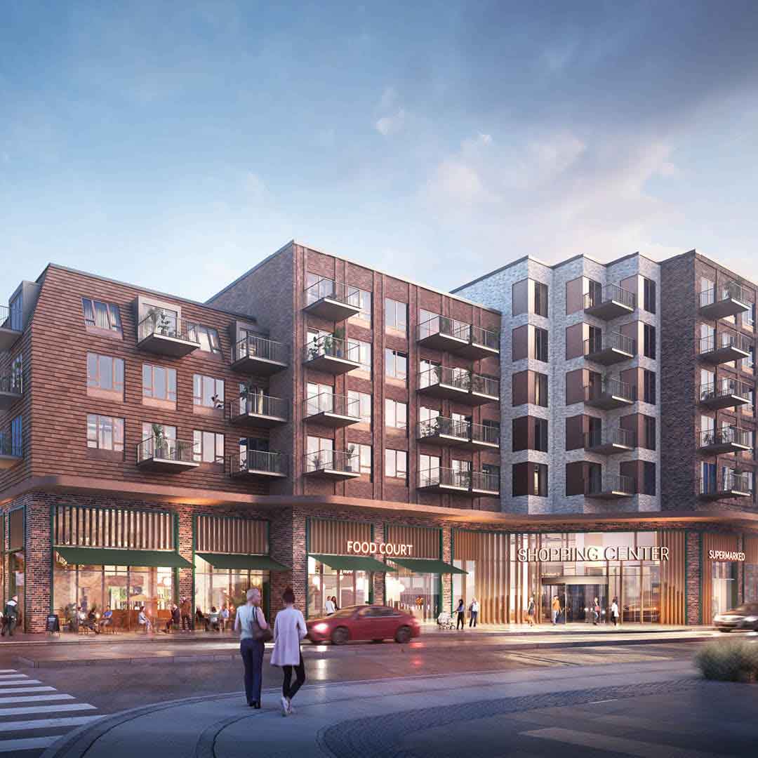 Droneskud der viser adgangsveje fra Glostrup Station til Glostrup Shoppingcenter under ombygning – nem adgang for gående, barnevogne og kørestolsbrugere